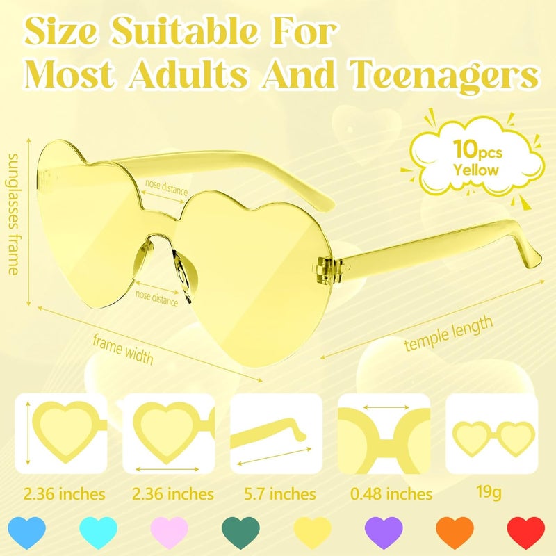 NACHLYNN 10 Pairs Heart Sunglasses Women Rimless Heart Shaped Sunglasses Candy Color Glasses for Costumes Cosplay (Yellow) - Image 2
